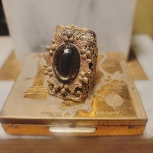 Vintage Brass Victorian Glass Stone Filigree Ring